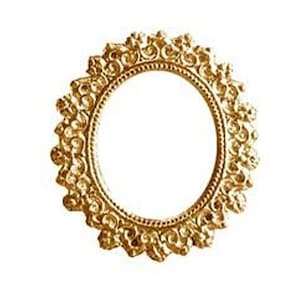 May include: A gold-colored, ornate, circular frame with a detailed design. The frame is empty and ready to be used for a picture or other decorative purpose.