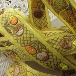 4 Yards Vintage Japan Cherry Fruit Trim 1&quot; Wide Cotton Jacquard Ribbon Yellow Brown Ivory VT23