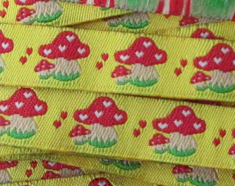 3-3/4 Yards Mushroom Jacquard Sewing Ribbon 7/16" Wide Trim Yellow Red Toadstools BD5073