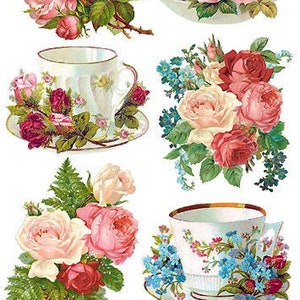 May include: A collage of vintage teacups and saucers adorned with floral designs. The cups feature delicate patterns in blue, gold, and white, complemented by bouquets of pink and red roses. A charming, romantic theme.