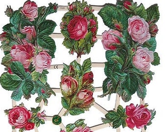 German Paper Scraps Die Cut Lithograph Victorian Pink Roses  7328