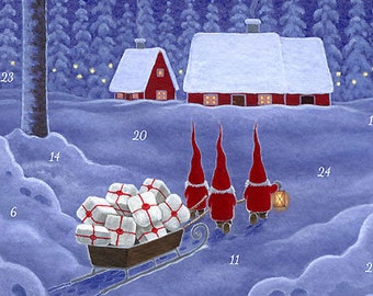 Puede incluir: Ilustración de una escena invernal con una luna creciente y estrellas en un cielo azul oscuro. Casas rojas con tejados cubiertos de nieve en el fondo. Tres gnomos tiran de un trineo de regalos por la nieve.
