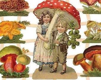 Germany Paper Scraps Lithographed Die Cut Victorian Mushroom Children 7355