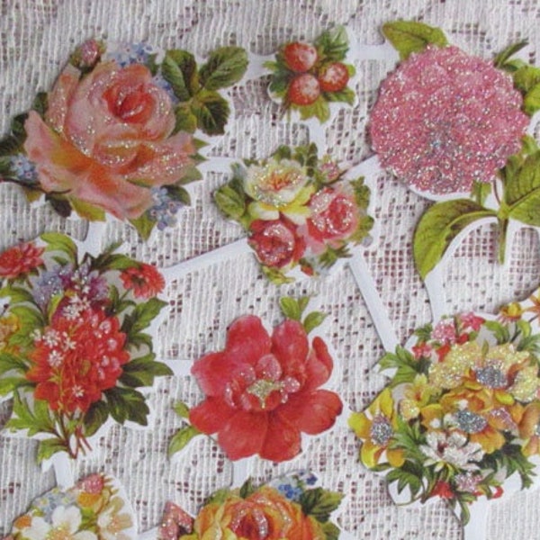 Denmark Vintage ScrapPaper Lithographed Die Cut Scraps Flowers Glittered Roses  SD31