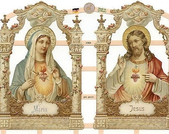 Germany Paper Scraps Lithographed Die Cut Victorian Religious Sacred Heart Jesus And Mary  7366