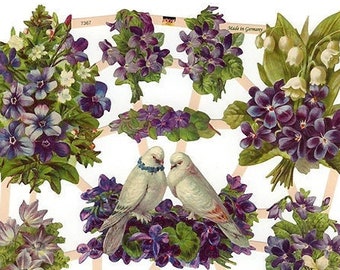 Germany Paper Scraps Lithographed Die Cut Victorian Birds Violets And Lilacs  7367