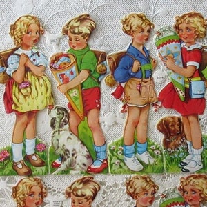 Vintage Germany Paper Scraps Lithographed Die Cut Sweet Children School Cones Scrap  EAS 3064