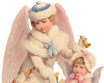 2 Large Scrap Of Pink Victorian Christmas Angels Made In Germany  5171 x2