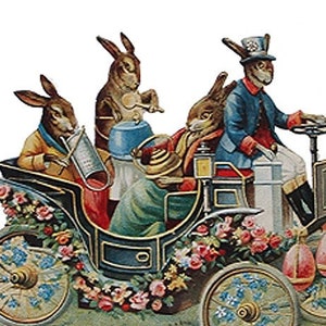2 Germany Large Lithograph Die Cut Paper Scrap Victorian Bunny Car  5112 x2