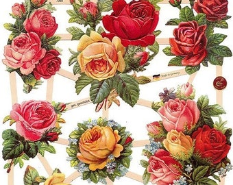 Germany Paper Scraps Die Cut Lithograph Victorian Pink Yellow Roses  7393