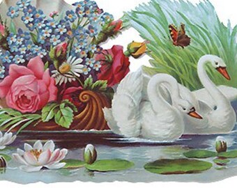 2 Germany Large Lithographed Die Cut Paper Scraps Victorian Swam Boat  5088 x2