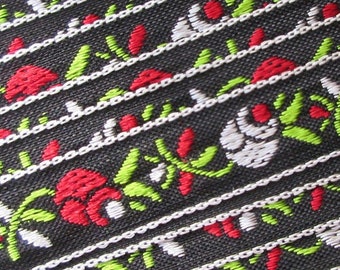 4 Yards Vintage Japan Rose Trim 1/2 "Breit Jacquard Band Schwarz Rot Silbrig Weiß Grün RV34