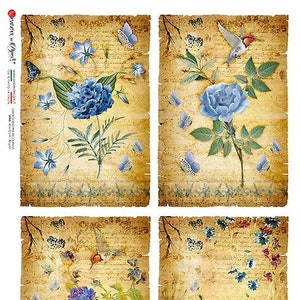 2 Sheets Italy Rice Paper Decoupage Blue Flowers RCP-FL-344 x2