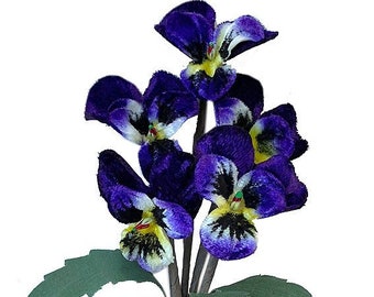 Czech Velvet Spray of Small Millinery Pansies Pansy Violet Yellow NFC033-VY