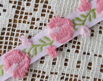 3 Yards Pink Flowers Roses Woven Ribbon Flower Trim 3/8" Wide RV9