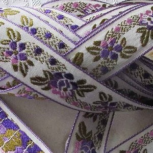 4 Yards Vintage Japan Rayon Floral Trim 3/4&quot; Wide Jacquard Ribbon White Purple Pink Green TT04