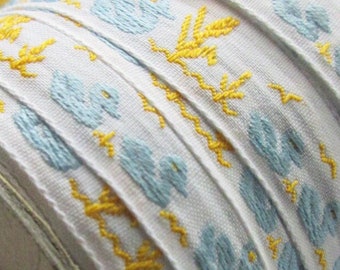 3 Yards Vintage Ducklings Swimming Easter Childrens Woven Trim Ribbon White Blue Ducks Golden Yellow Reed VT001