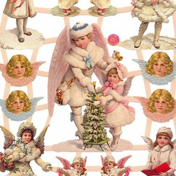 Germany Paper Scraps Die Cut Lithograph Victorian Pink Angels Christmas  7418