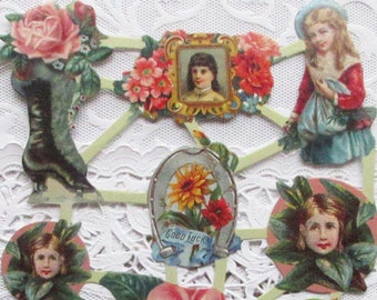 Holland Paper Scraps Lithographed Die Cut Flowers Victorian People Hand Scrap  SN104