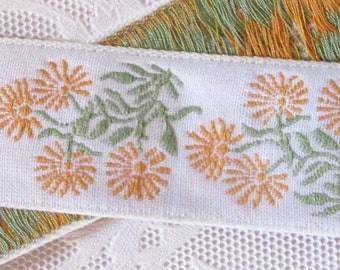 2 Yards Italy Italian Flowers Jacquard Ribbon Floral White Orange Green  1-1/4" Wide BD2