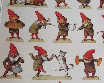 Vintage Denmark Christmas Dancing Musician Gnomes Tomte Paper Craft Sheet Lithograph For You To Cut