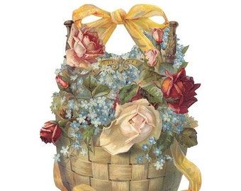 2 Germany Large Lithographed Die Cut Paper Scraps Victorian Rose Bouquet Basket  5116 x2