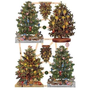 Germany Paper Scraps Lithographed Die Cut Victorian Christmas Trees  7390