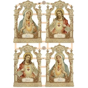 May include: Four framed images of Jesus and Mary with their hearts on fire. The images are in ornate gold frames with floral accents. The images are labeled "Jesus" and "Maria".