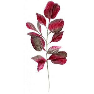 May include: A sprig of artificial leaves with a burgundy and green velvet finish. The leaves are arranged on a single stem.
