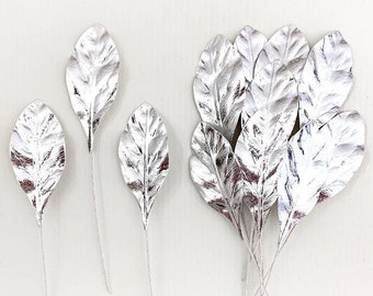 12 Czech Foil Paper Pear Leaves Millinery Embossed Silver Leafs  NLC121-SF