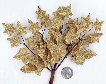 Austria 6 Gold Glitter Ivy Branches Millinery Leaves 7-1/2" Long  NAL-A78