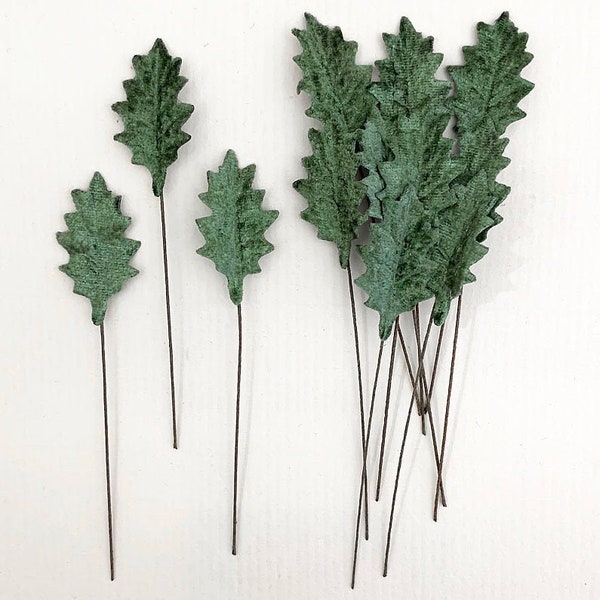 12 Czech Velvet Petite Holly Leaves Millinery Embossed Sage Green Leafs  NLC116-STG