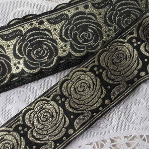 Turkey 3 Yards Woven Rose Metallic Black Gold Jacquard Trim 1-7/8" Wide Ribbon T-1