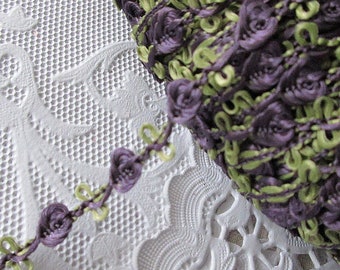 7-1/4 Yards Vintage Sweet Little Rose Trim Ribbon Braid Purple And Sage Green Old Store Stock BD768