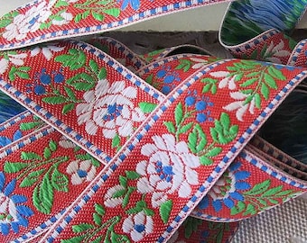 3-3/4 Yards Czech Republic Woven Red Background Folkloric Traditional Costume Trim 25mm Wide BD203