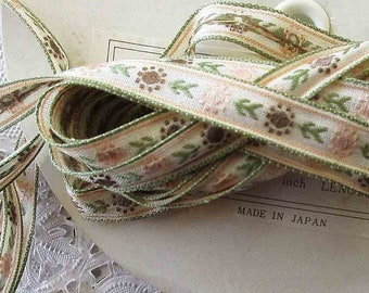 5 Yards Vintage Japan Floral Trim Narrow 7/16" Cotton Poly Jacquard Ribbon Ivory Green Peach & Brown VT165