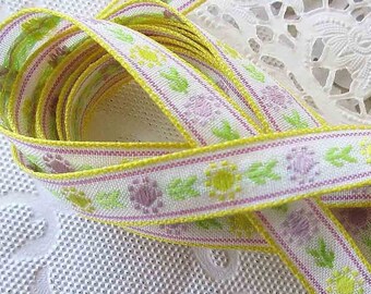 5 Yards Vintage Japan Floral Trim Narrow 7/16" Cotton Poly Jacquard Ribbon White Green Yellow Purple VT169