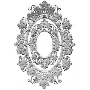 May include: An ornate silver oval frame with a grapevine design. The frame is detailed with intricate carvings of leaves and vines.