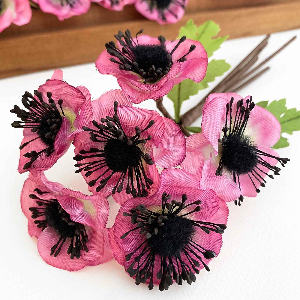 Czech Spray of 6 Mauve Pink Anemone Flowers Fuzzy Centers NFC063MV