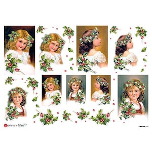 2 Sheets Italy Rice Paper Decoupage Christmas Victorian Holly Girls  RCP-CH-231 x2