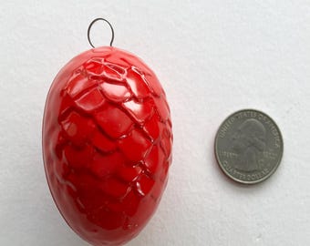 One Vintage Switzerland Tin Egg Shaped Pine Cone Pinecone Box Ornament Decoration Easter Christmas Red