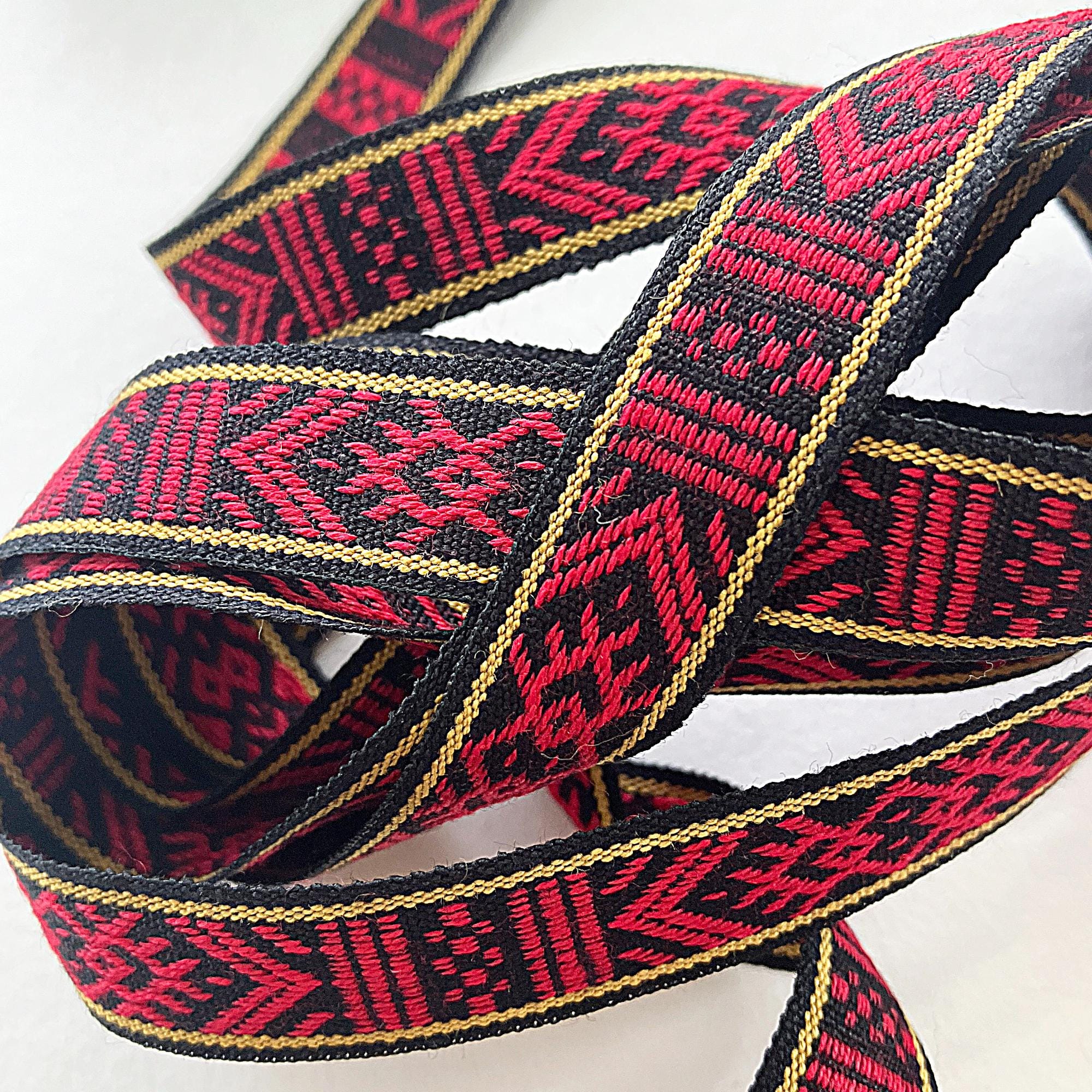 4 Yards Sweden Swedish Costume Trim Authentic Folkloric Jacquard Trim Ribbon Red Yellow Black 15mm 9/16" Wide SFT417