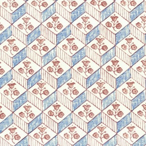 May include: A seamless pattern of repeating geometric shapes in shades of blue and brown. The pattern features a stylized floral motif within each shape.