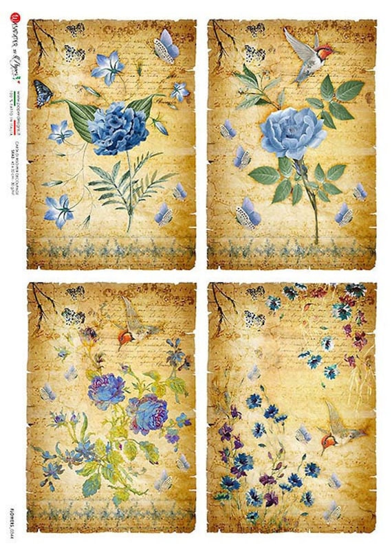 2 Sheets Italy Rice Paper Decoupage Blue Flowers RCP-FL-344 x2