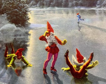 From Sweden Vintage Swedish 1950s Christmas Paper Frieze Tomte Gnomes Skating Scene Anders Olsson 15-3/4" by 8-5/8" BON-26