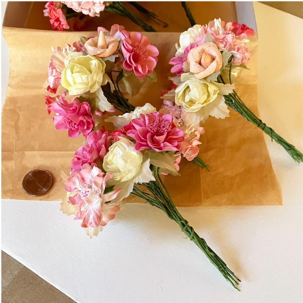 3 Bouquets Paper Flowers Handmade Millinery Pinks and Pale Yellow Apricot 48 Blossom #C