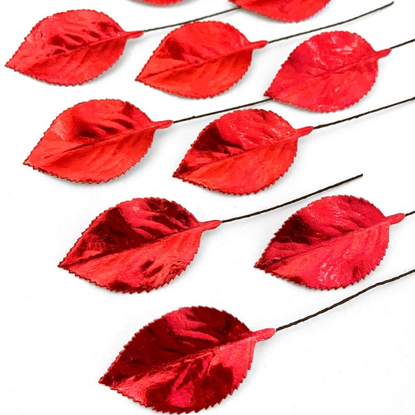 12 Czech Foil Paper Rose Leaves Millinery Embossed Red Leafs  NLC122-RF