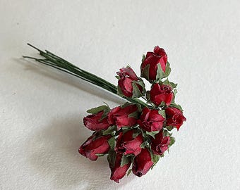 From Austria 12 Fabric Millinery Flowers Deep Red Rose Buds NAT51-DR