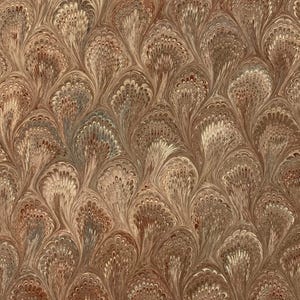 May include: A close-up of a marbled paper pattern. The design features a repeating fan-like motif in shades of brown, beige, and gray. The pattern has a swirling, organic appearance, creating a textured and visually interesting surface. The paper has a vintage aesthetic.