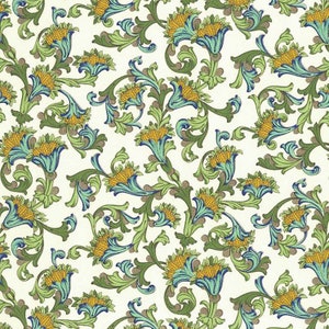 May include: A seamless pattern featuring stylized blue and green floral designs with yellow centers on a white background.